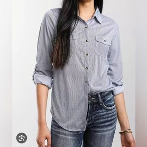 Passport Women’s blue and white striped button up. Size L